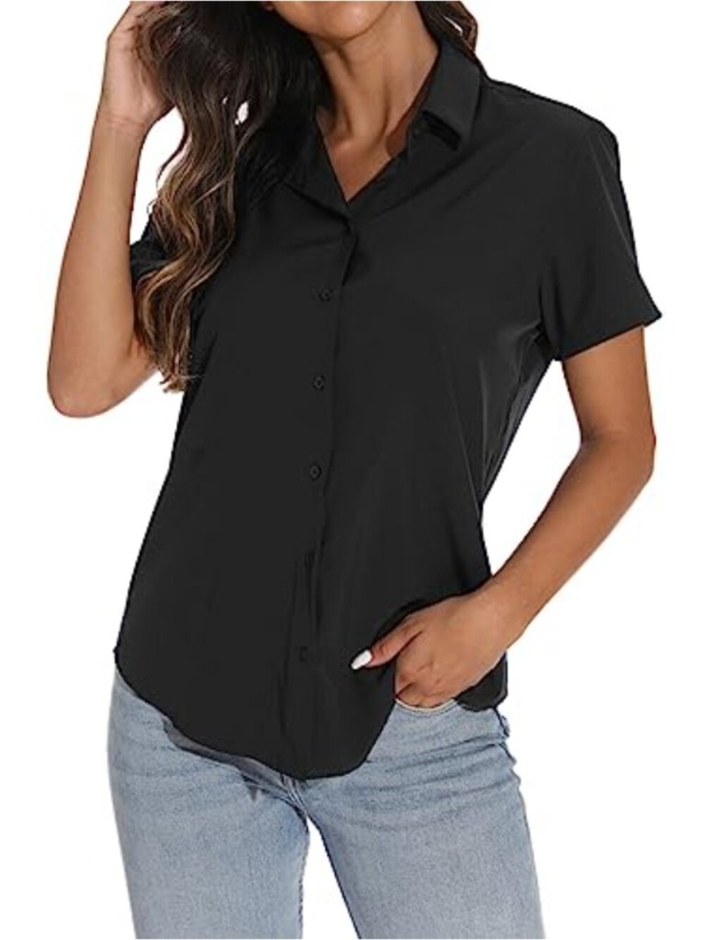 Womens Short Sleeve Button Down Shirt Lightweight Office Blouse